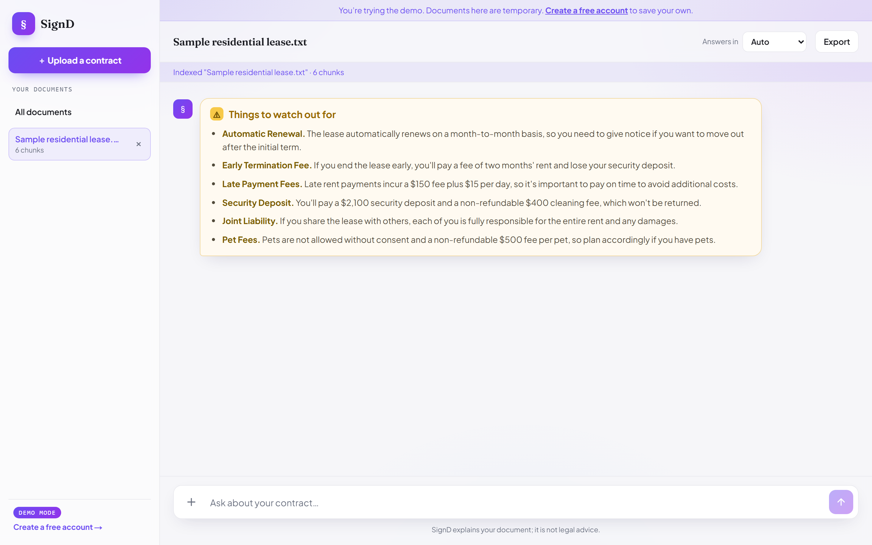 SignD automatically flagging risky lease clauses